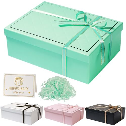 Geschenkbox mit Deckel 25 x 18 x 9 cm, Geschenkbox mit Schleifen, Grußkarten, Raffia Hamper Shreds für Hochzeit Geburtstag Weihnachten(Mintgrün)