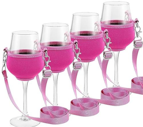 Ailovone Weinglashalter zum Umhängen Weinglas Halshalter Stoff 4 Stück Tragbarer Weinglashalter Hängend Halsglashalter für den Hals für Geburtstag, Hochzeit, Party (rosa, Groß/24CM)