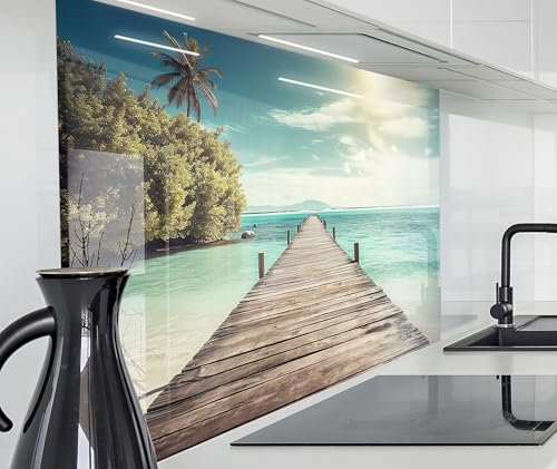 timalo Spritzschutz Wand für Herd, Küche Küchenrückwand Glasoptik | Acryl Glas 2mm | Glasrückwand Acrylglas Wandpaneele Rückwandschutz Platte | 140x50cm Karibikstrand mit Meer und Steg