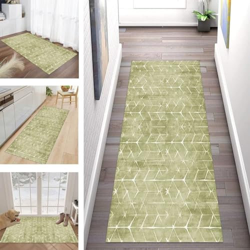 Buatisf Teppich Läufer Flur Küche, Waschbar Kücheteppich rutschfest Gelblich Grün Flurläufer Lange Küchenläufer für Korridor Schlafzimmer, Modern Polyester Teppichläufer auf Maß Meterware