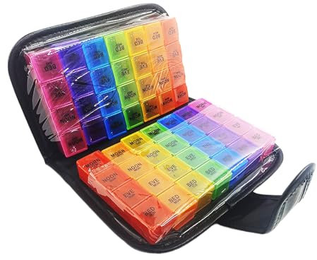 Tablettenbox 14 Tage 4 Fächer, Morgens Mittags Abends Große Medikamentenbox Wochendosierer, Tragbar Mehrfarbig Pillenbox mit Einfachem Offenem Design (14 Tage 4 Fächer)