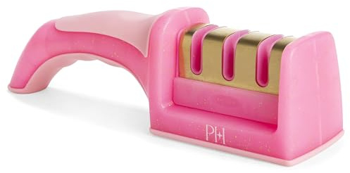Paris Hilton 3-stufiger Messerschärfer, professioneller Küchenmesserschärfer mit ergonomischem Griff, rutschfester Unterseite, grob, mittlere feine Schärfstufen, Rosa