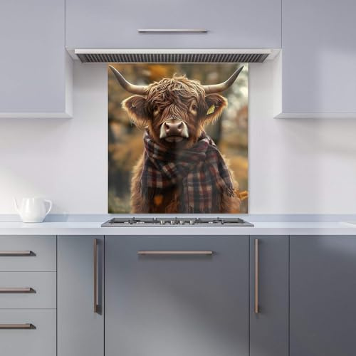 Premium Highland Cow Wearing Scarf Kitchen Splashback 6mm Toughened Glass Kitchen Splashback – Heat Resistant Splashback for Kitchens, Perfect for Cookers and Hobs, Polished Edges