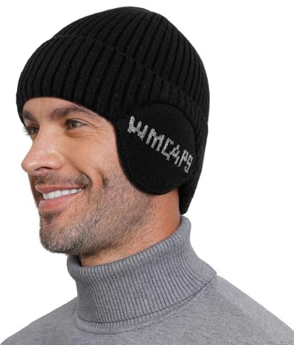 Wmcaps Wintermütze Herren mit Ohrenklappen, Warme Winter Mütze mit Ohrwärmer, Fleece Gefütterte Strickmützen Wollmütze für Männer Frauen, Geschenke für Freunde und Familie, Schwarz
