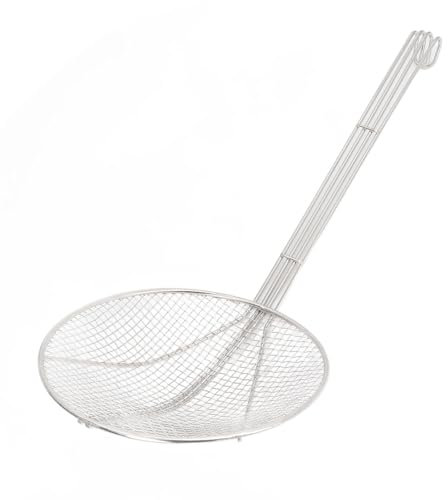 Yomiyuyr Skimmer Spoon, Stainless Steel Fryer Scoop with Long Handle and Hook, Fine Mesh Strainer Ladle for Frying and Cooking, Spider Skimmer Strainer, 12.9-15.3 oz (24CM)