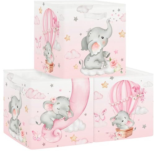 Clastyle Dream Animal Kid Storage Cube Organizer Set Star Clouds Balloon Closet Clothes Cube Storage Bin Nursery Toddler Toy Box Chest Girl Boy Book Shelf Basket, Elephant, 11.8x11.8x11.8 in