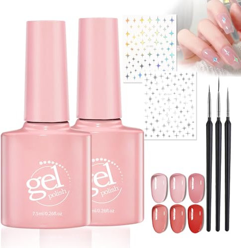Pink and Red French Manicure Gel Nail Polish Kit - UV Gel Nail Polish Set with 3 Nail Art Pens & Rhinestone Stickers for Women DIY Home Manicures