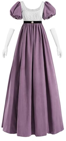 Fiamll Robe Victorienne pour Femme - Violet - Taille Empire - Dos en V - Col Montant - Manche Longue - Soirée/Black-tie - Longueur du Plancher - Taille M (40)
