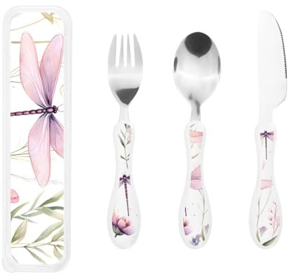 Big Kids Cutlery Set Spoon Knife and Fork Sets Children Cutlery Sets Food-Safe Stainless Steel (Purple Dragonfly)