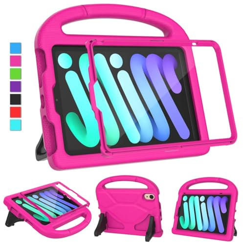 MOXOTEK Kids Case for iPad Mini 7 (A17 Pro) 2024 / Mini 6 2021, iPad Mini 7th/6th Generation Case with Screen Protector, Durable Shockproof Handle Stand Protective Cover for iPad 8.3 Inch, Pink