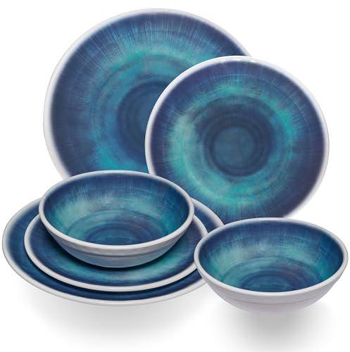 Melamin Geschirr Set Jesolo Blau für 2 Personen - 6 Teile - Steingutoptik Spülmaschinengeeignet Essgeschirr Campingzubehör Campinggeschirr Wohnwagen Camping Festival Picknick Gartenparty