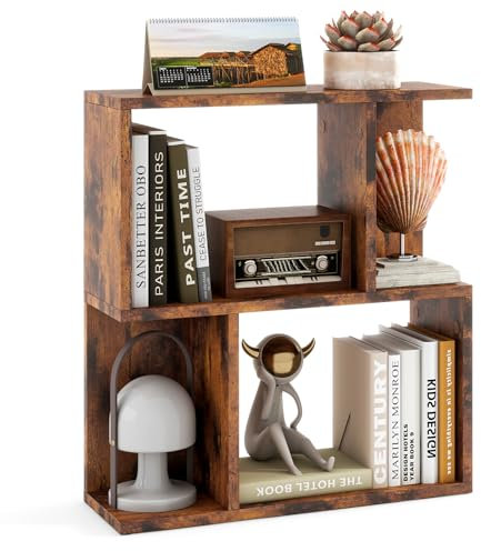 SFAREST 3-Tier Bookshelf, Wooden S-Shaped Display Shelf with 4 Compartments, Freestanding Storage Cabinet Shelving Unit Open Cube Bookcase for Living Room Home Office (Rustic Brown, 50 x 18 x 56 cm)