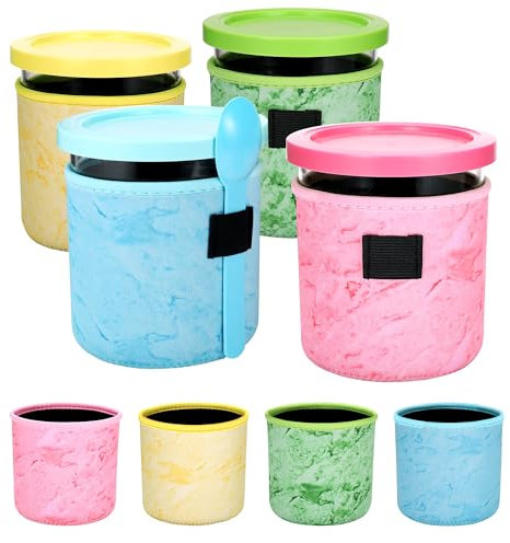 Hejo 4 Pcs Ice Cream Tubs Neoprene Sleeve for Ninja CREAMi Deluxe NC500 NC501 UK Series, Neoprene Sleeves for Ninja Ice Cream Container, Reusable Insulated Sleeves for Ninja Cream Deluxe Tubs (24OZ)