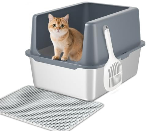 Stainless Steel Cat Litter Box, Covered Metal Litter Box, Cat Litter Pans with High Sides, Kitty Litter Boxes Tray with Litter Scoop & Mat 45x35x15cm