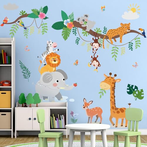 SHUCHING Wandtattoo Dschungel Tiere Rebe, Wandaufkleber Dschungel Elefant Affe Giraffe, Selbstklebend Wandsticker für Spielzimmer Kinderzimmer Babyzimmer