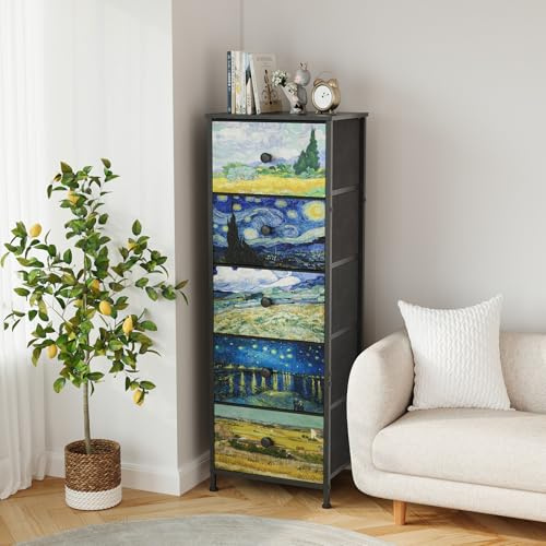 Welfuturer Kommode mit Schubladen aus Stoff, Van-Gogh-Stil Schmal Komodenschrank Schminktisch Aufbewahrungsschrank für Schlafzimmer Industrieller Schrank Flur, Wohnzimmer, Kinderzimmer (5 Schubladen)