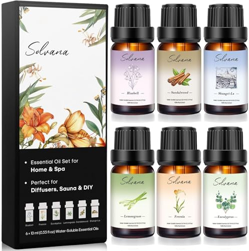 Solvana Set med eteriska oljor – 6 × 10 ml vattenlösliga oljor för diffusor, luftfuktare och gör-det-själv – naturliga doftoljor för hem, spa och bastu – presentförpackning