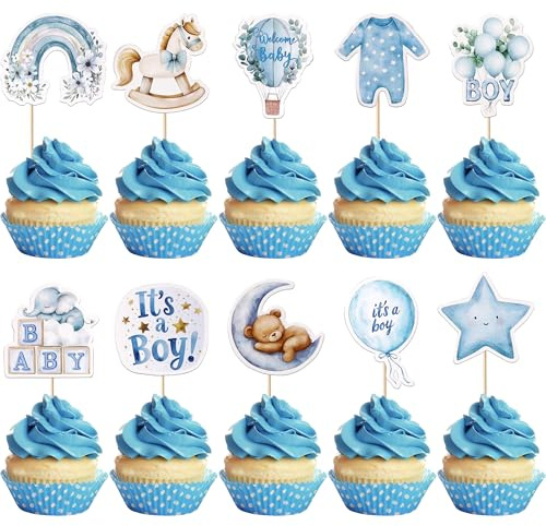 40 Stück Welcome Baby Cupcake Toppers Baby Dusche Tortendeko Ballon Elefant Kuchen Deko It's a Boy Cupcake Dekorationen für Geschlecht Enthüllt Thema Party Kuchen Dekorationen Blau
