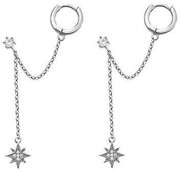 JQQJZLC Star 925 Sterling Silber Doppelpiercing Ohrringe Huggie Manschette Kette für Frauen Teen Girls 2 Löcher CZ Charme Dangle Drop Kleine Hoop Ohrringe Knorpel Kletterer Schmuck