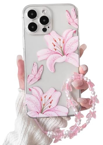 NITITOP for iPhone 14 Pro Max Case Clear Cute Flower Lily Chain,Pink | for Women Girls, Floral Butterfly Design, with Wrist Strap, Soft TPU Shockproof Cover, Full Camera Protection