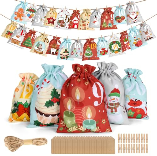Adventskalender zum Befüllen 2025, 24 Stück Weihnachtskalender Tüten Groß Adventskalender Selber Befüllen, 2 Größen Weihnachten Geschenktüten, Weihnachtsdeko Tüten mit Clips Seil Grußkarte