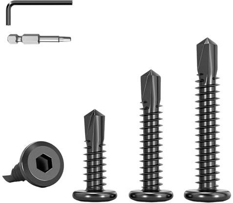 HAISHANG 60 Stück Selbstschneidende Schrauben Edelstahl 410, 5.5x16mm Blechschrauben mit Flachkopf, Schwarz Innensechskant Bohrschrauben mit Schlüssel & Schraubendreher