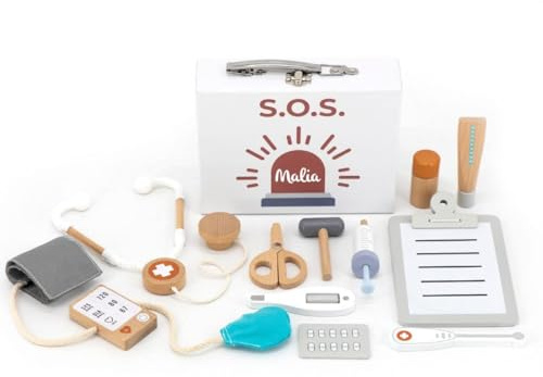 Arztkoffer Kinder Holz – 12-teiliger Doktorkoffer mit Stethoskop & Spritze – Geschenke für Kinder ab 3 Jahren – mit Namen personalisiert – Tryco