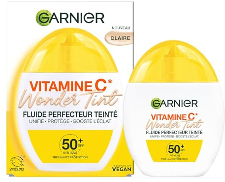 Garnier Fluide Teinté Wonder Tint SPF50+ Vitamine C Teinte Claire 40ml | Niacinamide et Glycérine, Unifie, Hydrate & Protège contre rayons UV, Texture légère non grasse, Convient peaux sensibles