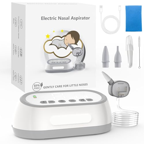 AZHE Nettoyeur nasal électrique pour bébé, 6 niveaux d'aspiration, 2 embouts en silicone interchangeables, 6 mélodies et lumière LED douce, nettoyeur nasal rechargeable pour le soin quotidien du nez