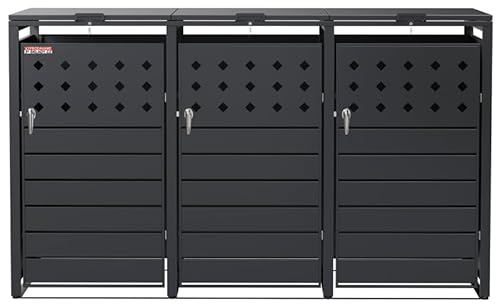 Mülltonnenbox 3er Metall Anthrazit/Grau – Abschließbare Mülltonnenverkleidung für 60/120/240L, Wetterfest & Windfest, Mülltonnenschrank mit Deckel & Belüftung, 196x80x116 cm