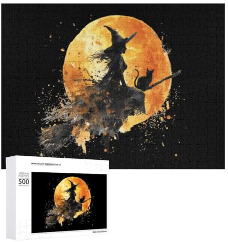 Witch on Broom with Black Cat Puzzle Wood Jigsaw Puzzles 500 PCS | 500 PCS,300 PCS,1000 PCS,Wooden,Jigsaw Puzzle,for Adults,Gift,Puzzles Set