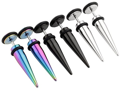 Jovivi 6pcs Mixed Colors 16G Punk Stainless Steel Taper with O ring Fake Cheater Ear Plug Earrings Look 4G 0G 00G Gauge