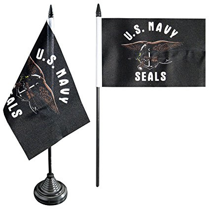 Flaggenfritze Tischflagge U.S. Navy SEALs 10 x 15 cm, amerikanische Flagge, reißfestes Polyester, farbintensiver Siebdruck, kleine Fahne mit Kunststoff-Sockel