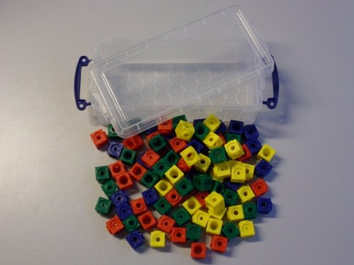 Dick-System Steckwürfel 4-farbig (rot, gelb, grün, blau) in der praktischen Box, 100 Stück, 1,7 cm, allseitig steckbar, Kunststoff