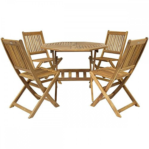 Charles Bentley FSC Certified, Acacia Hardwood Furniture Set, with Octagonal Table, 4 Slatted Chairs, For Garden, Outdoor, Patio, Dining, BBQs, Large, Heavy Duty, Oil Coated Finish (90x90x86cm)