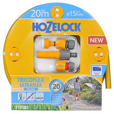 HOZELOCK - Kit Complet Tuyau Tricoflex Ultraflex Ø 15mm (5/8) 20 M : Tuyau d'Arrosage Souple, Résistant aux Intempéries, Anti-Vrille et Anti-Torsion, Prêt à l'Emploi, 40% PVC Recyclé [117021]