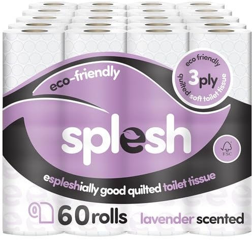 Splesh by Cusheen 3-ply Toilet Roll - Lavender Fragrance (60 Pack) Soft, Quilted Bulk Toilet Rolls, Toilet Tissue and Loo Rolls – Eco-Friendly Toilet Paper Sustainably Crafted in The UK