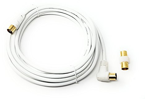 Maincore 5m Right Angle TV/AV Aerial Antenna Coaxial Cable Lead with Coupler – Male to Male RF Extension Cable for TV, HDTV, Freeview, Satellite, DVB-T, and AV Devices (5m)