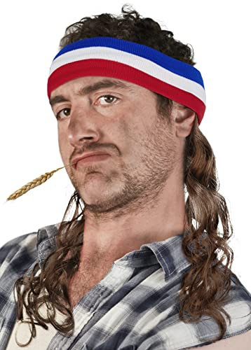 Vokuhila Kopfband mit Haaren Stirnband Hillbilly Headband Prollperücke perücke Proll Perücke Pimp (Braun)