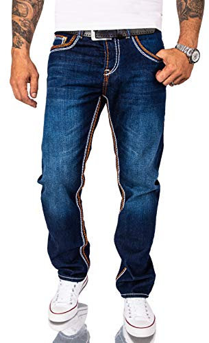 Rock Creek Herren Jeans Hose Comfort Fit Dicke Nähte Jeans Herrenjeans Herrenhose Denim Stonewashed Basic Weites Bein Raw RC-2167 Dunkelblau W31 L32