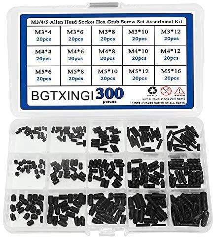 BGTXINGI 300pcs M3/4/5 Allen Head Socket Hex Grub Screw Set Assortment Kit with Plastic Box 12.9 Class Black Alloy Steel (Allen Socket Hex Grub Screw Set)