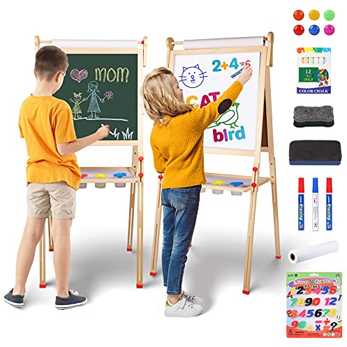 YOHOOLYO Kids Easel Wooden Children Art Easel Paper Roll,Double Sided Magnetic Whiteboard Chalkboard Dry Eraser Adjustable Height for Boys Girls Gifts