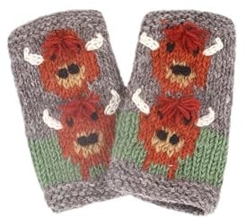 Pachamama Women Wool Hand Wrist Warmers Fleece Lined Handknitted Highland Cow Brown One-Size Handmade Extra Warm Fair Trade