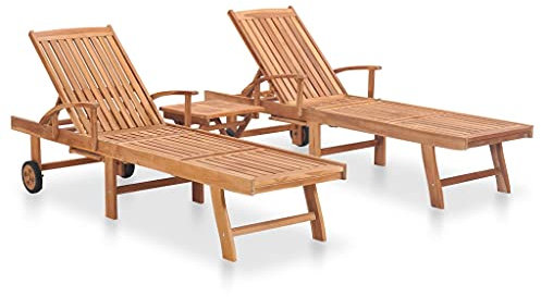 2 Stk. Teak Massivholz Sonnenliege mit ausziehbarem Tisch Hölzern Sonnenliege mit Rollen Gartenliege Liegestuhl Doppelliege Outdoor Sonnenstuhl Gartenmöbel Relaxliege für Garten Balkon Terrasse