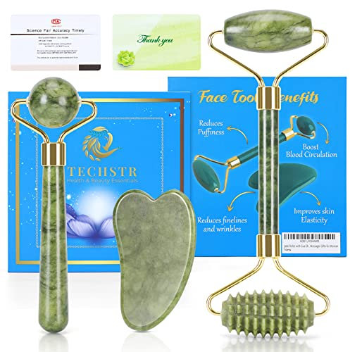 Jade Roller with Gua Sha Massage Set (3pcs)- TECHSTR Face Roller for Eye Puffiness Treatment, Skin Tightening, Natural Jade Face Massager Gifts for Women
