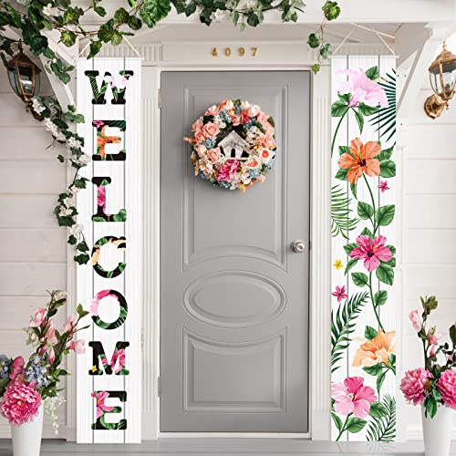 Frienda 2 Stück Frühlings-Willkommens-Blumen-Banner, Sommerblumen-Flagge, Veranda-Schild für Haustür, Outdoor, saisonaler Urlaub, Hochzeit, Hof, Dekoration, Bauernhaus, Innenwandhintergrund (heller