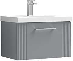 nuie DPF294A Deco Modern Bathroom Wall Hung 1 Drawer Part Fluted Vanity Basin Unit with Mid-Edge Ceramic Basin, 600mm, Satin Grey
