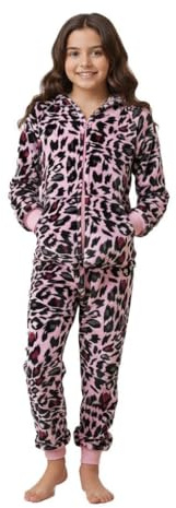 A2Z 4 Kids Girls Leopard Onesie Hooded Jumpsuit Fleece Nightwear Outfit | Cosy All-In-One Featuring Animal Pattern Ideal For Bedtime Relaxation