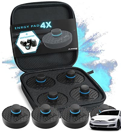 PLANGER® Tesla Wagenheber Beläge - 4X ENRGY PAD + 4 VENTILKAPPEN (Model 3 - Model S - Model Y - Model X) 10 Jahre Garantie - Bruchsicher 3t