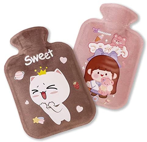 Echehi Mini Hot Water Bottle with Cover Set of 2, Portable 600 ml Hot Water Bag with Cover for Easy Hand Warming, PVC Warm Water Bag for Hands Feet Waist Hot & Cold Therapy